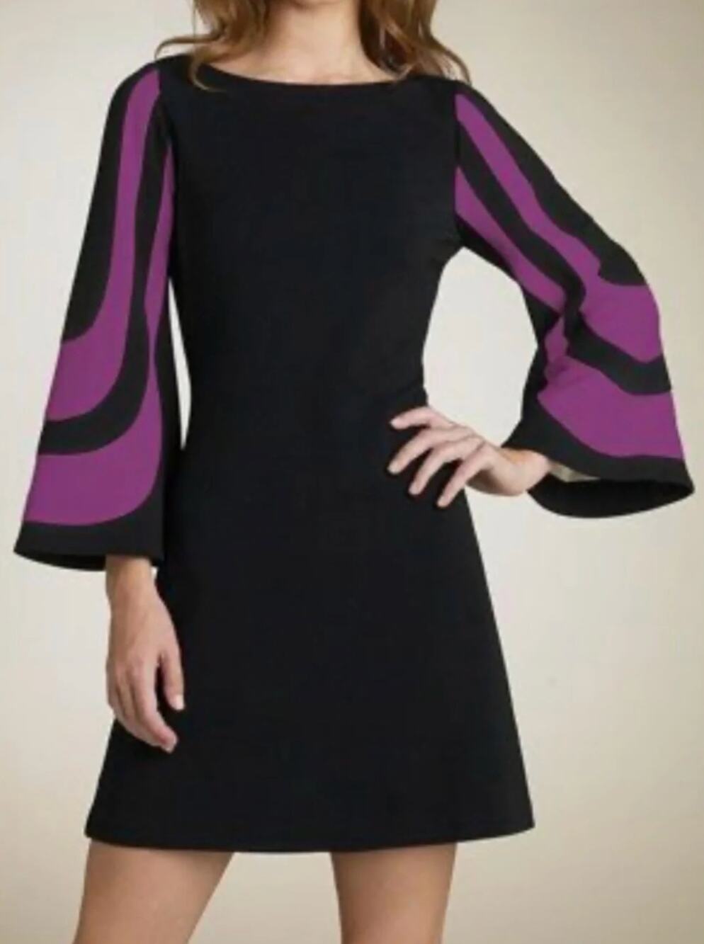 Trina Turk Hijinx Black & Purple Bell Sleeve Mod Shift Mini Dress Preppy Size 4